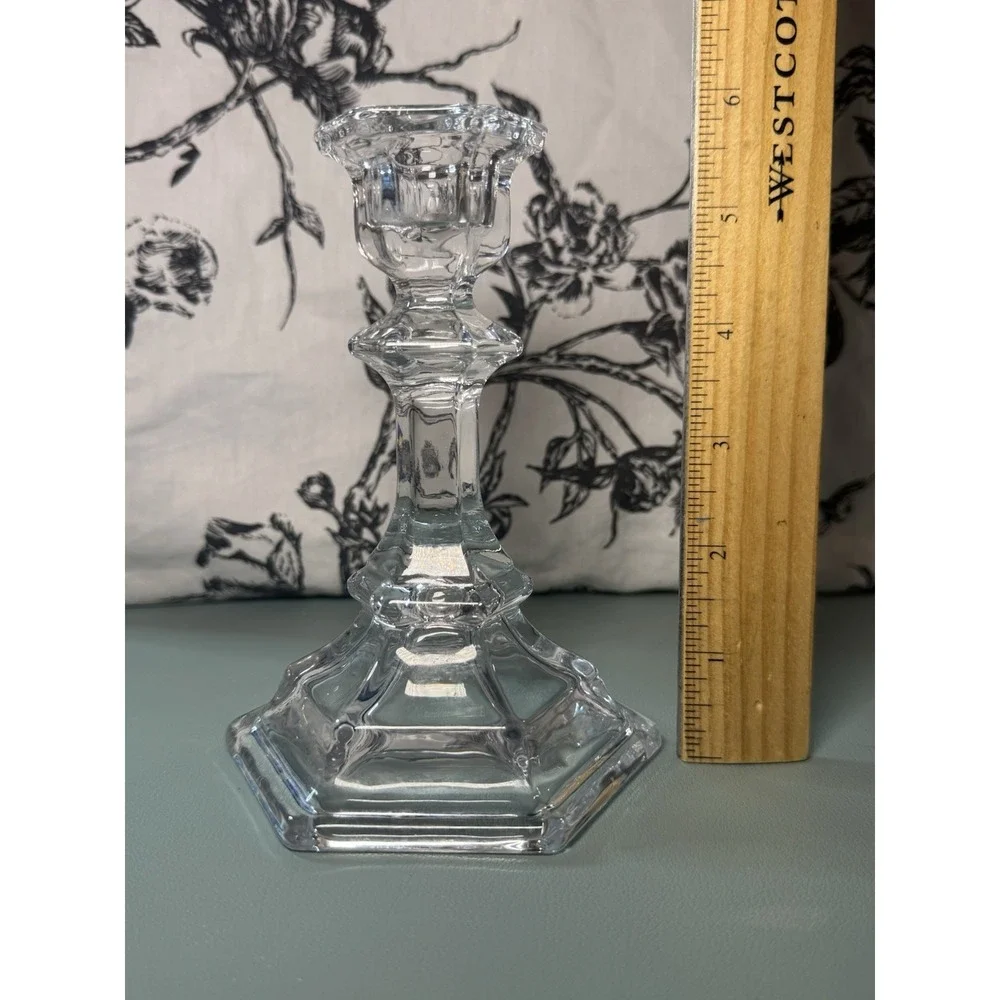 Vintage Clear Crystal Glass Candlestick Multi-Faceted Geometric Stem Hexagonal